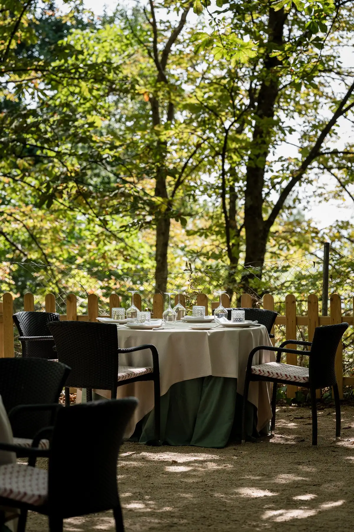 Mesa redonda vestida en la terraza, junto a la valla de madera, con el bosque detrás