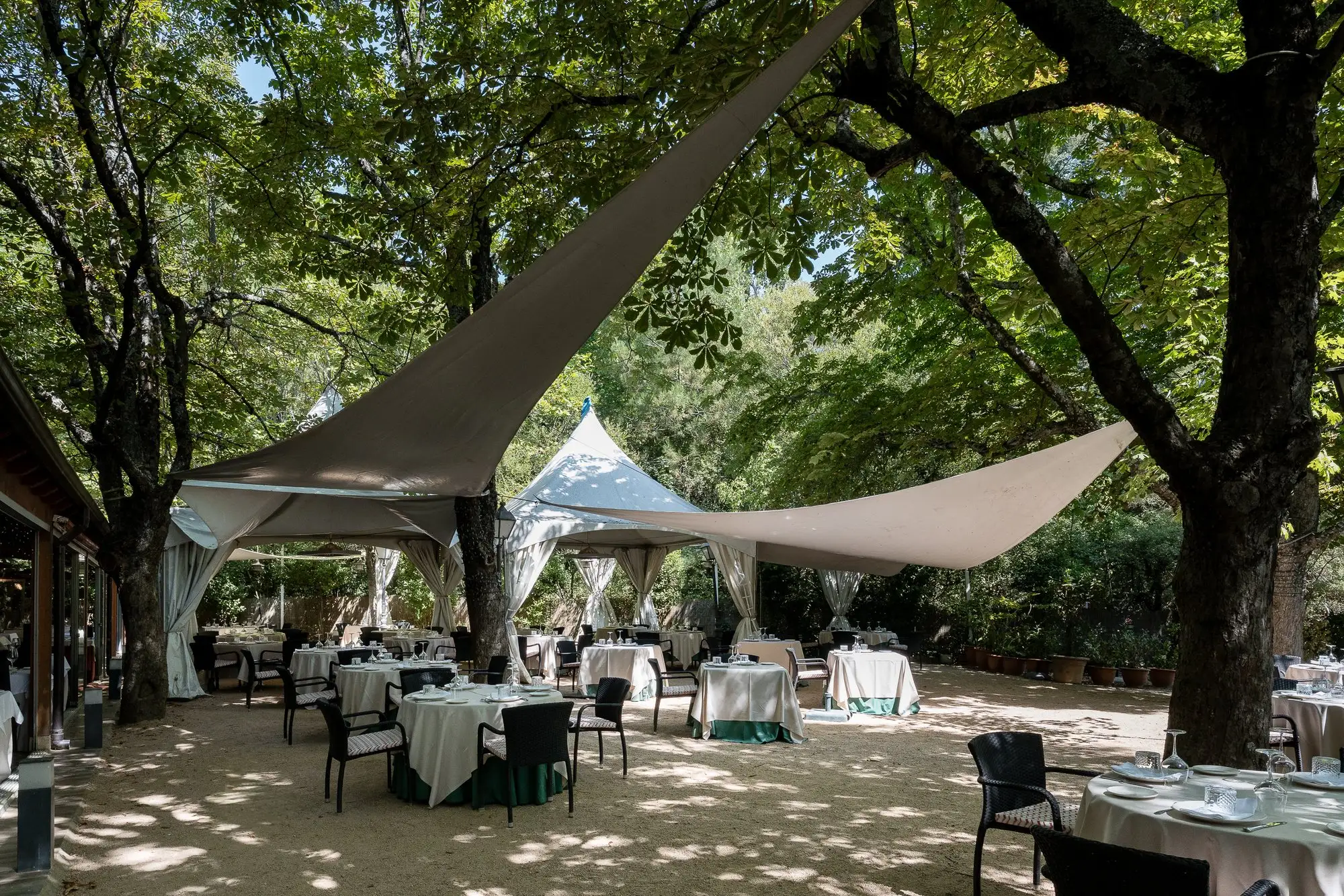 La terraza de día, a la sombra de los árboles y de las velas blancas, con las mesas vestidas